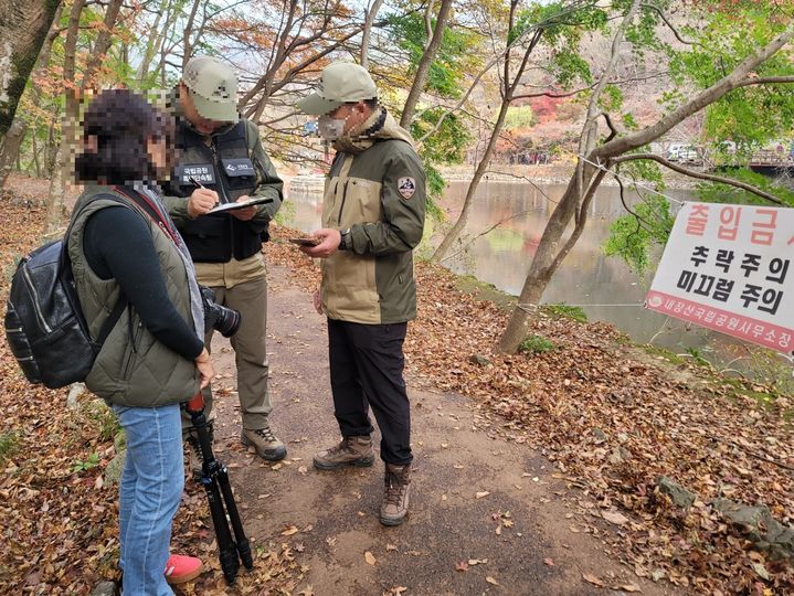[정읍=뉴시스] 내장산국립공원이 24일부터 내달 22일까지 공원 내 불법·무질서 행위에 대한 집중단속을 실시한다. 한 탐방객이 출입금지 구역을 드나들다가 적발된 모습. (사진=내장산국립공원 제공) 2026.10.20. photo@newsis.com *재판매 및 DB 금지