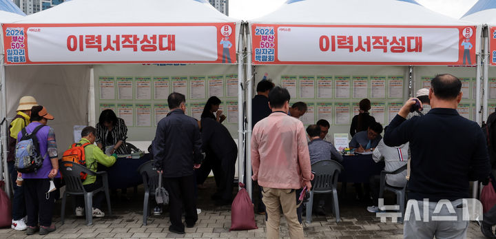 [부산=뉴시스] 하경민 기자 = '2024년 부산 50+일자리 박람회'가 열린 지난 10월17일 부산 부산진구 부산시민공원에서 중·장년 구직자들이 이력서 등을 작성하고 있다. 2024.10.17. yulnetphoto@newsis.com