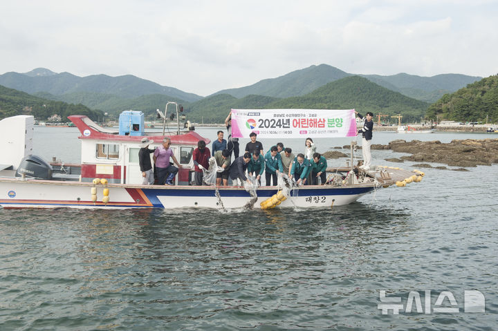 [고성=뉴시스]경남도 해양수산국장, 경남도의회 백수명 농해양수산위원장, 어업인 등이 지난 16일 고성군 삼산면 삼봉해역에 어린해삼을 방류하고 있다.(사진=경남도수산자원연구소 제공) 2024.10.18. photo@newsis.com