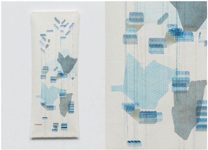 이자운(Zaun) , thin section 802, 97.79 cm x 35.94 cm , 2024 Medium : Collage of intaglio prints with silk thread, graphite, sumi ink, water color, archival dry glue, and cutouts on layers  of mulberry paper in various weights backed with silk fabric 여러 두께의 수제 순지에, 동판화 콜라주, 실크실, 흑연, 먹, 수채물감, 보존보수용 중성접착제, 오려내기, 실크로 덧대어진 *재판매 및 DB 금지