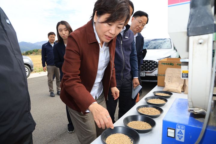 [서울=뉴시스] 송미령 농림축산식품부 장관이 21일 충남 서산시 운산면을 찾아 수확한 벼를 살펴보고 있다. (사진=농림축산식품부 제공) 2024.10.21. photo@newsis.com *재판매 및 DB 금지