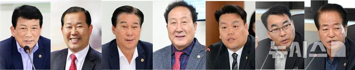 [창원=뉴시스]22일 오후 경남도의회 제418회 임시회 제2차 본회의 5분 자유발언 의원 7명. 왼쪽부터 권혁준 조영명 권원만 박해영 이시영 임철규 우기수 도의원.(사진=경남도의회 제공) 2024.10.22. photo@newsis.com