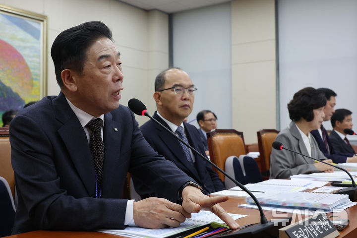 [서울=뉴시스] 고승민 기자 = 김형석 독립기념관장이 22일 서울 여의도 국회에서 열린 정무위원회의 국가보훈부 등 국정감사에서 의원 질의에 답하고 있다. 2024.10.22. kkssmm99@newsis.com