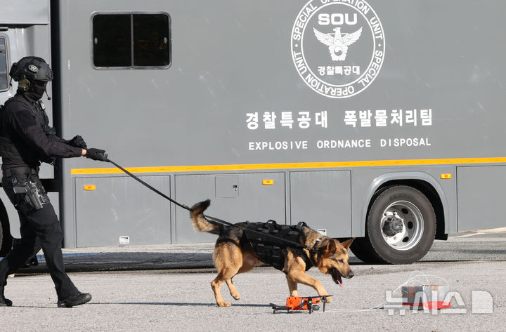 경찰특공대 탐지견이 폭발물 여부를 탐지하는 모습. 사진은 기사와 관련이 없습니다. (뉴시스 DB) photo@newsis.com