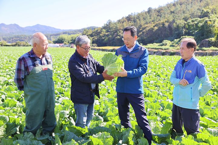 [해남=뉴시스]명현관(오른쪽 두번째) 해남군수가 24일 마산면 배추 재배농가 현장을 찾아 생육상황을 점검하고 있다. (사진=해남군 제공) 2024.10.24. photo@newsis.com  *재판매 및 DB 금지