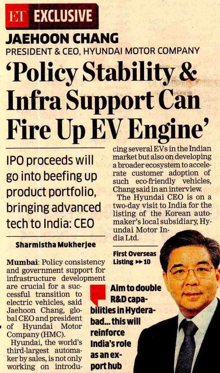 [서울=뉴시스] 장재훈 현대차 사장이 인도 경제 매체와 인터뷰하고 인도 지역 투자 계획 등에 관해 밝혔다. (사진=인도 이코노믹타임스 갈무리) 2024.10.24 photo@newsis.com *재판매 및 DB 금지