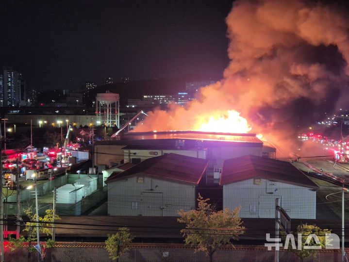 [부산=뉴시스] 권태완 기자 = 24일 오후 부산 동구 미군 55보급창에서 화재가 발생했다. 부산소방재난본부는 대응2단계를 발령 소방대원 157명과 장비 51대를 투입해 화재를 진압 중이다. 2024.10.24. kwon97@newsis.com