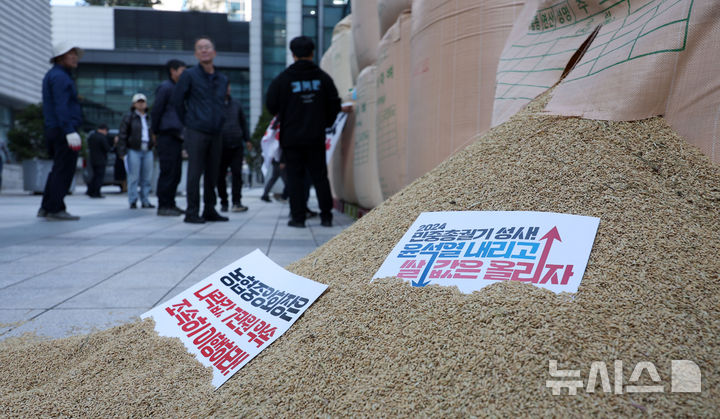 [서울=뉴시스] 김선웅 기자 = 전국농민회총연맹, 전국쌀생잔자협회 관계자들이 24일 서울 중구 중구 농협중앙회 본관 앞에서 쌀값 보장을 촉구하며 나락을 적재하고 있다. 2024.10.24. mangusta@newsis.com