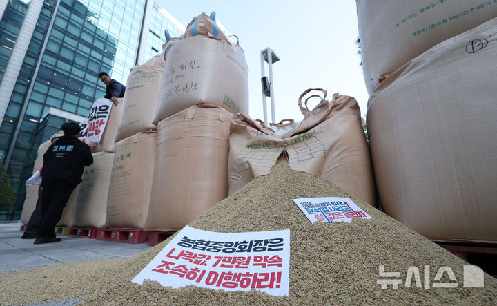 [서울=뉴시스] 김선웅 기자 = 전국농민회총연맹, 전국쌀생잔자협회 관계자들이 24일 서울 중구 중구 농협중앙회 본관 앞에서 쌀값 보장을 촉구하며 나락을 적재하고 있다. 2024.10.24. mangusta@newsis.com