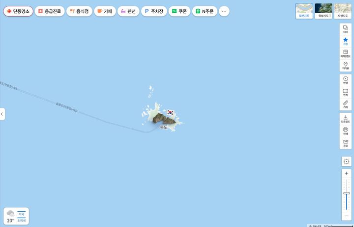 [서울=뉴시스] 25일 네이버에 따르면 네이버 지도는 지난해부터 '독도의 날'을 기념해 독도에 태극기를 꽂은 모형을 지도에 선보이고 있다. (사진=네이버 지도 캡처) *재판매 및 DB 금지