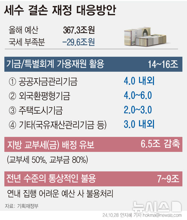 [서울=뉴시스] 정부가 올해 30조원 규모의 세수 결손을 메우기 위해 내국세에 연동돼 내려가는 지방교부세(금) 지급 규모를 6조5000억원 수준으로 감축한다는 계획이다. 지난해 18조원을 불용처리한데 이어 올해 6조원 수준이 삭감되는 셈이다. (그래픽=안지혜 기자)  hokma@newsis.com