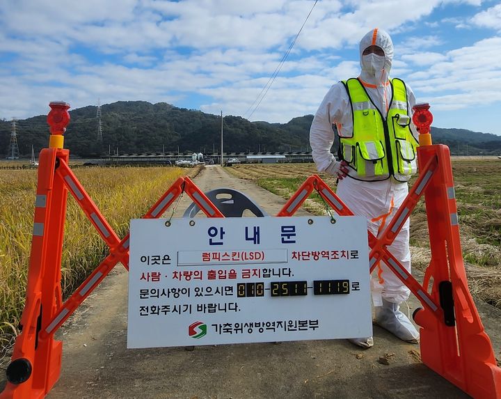 럼피스킨병이 발생한 문경시 우지동에 출입을 통제하고 있다. (사진=문경시 제공)  *재판매 및 DB 금지