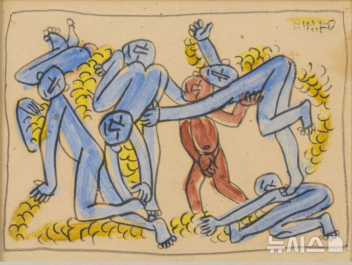 [창원=뉴시스] 이중섭 작 '해초와 아이들'. 1950년대, 종이에 연필, 유채, 13.7×18.7㎝. 가나문화재단 소장.(사진=경남도립미술관 제공) 2024.10.28. photo@newsis.com