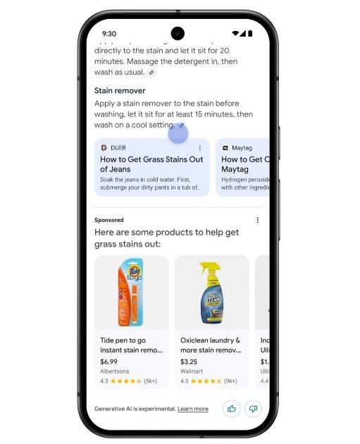 [서울=뉴시스] 구글은 검색 시장과 광고 매출 증대를 위해 지난 3일(현지시각) 미국을 우선으로 모바일 버전에 AI 오버뷰 내 광고를 시작했다. 정보 요약 밑에 '스폰서'란에 광고 상품이 표시되는 방식이다. (사진=구글 블로그 캡처) *재판매 및 DB 금지