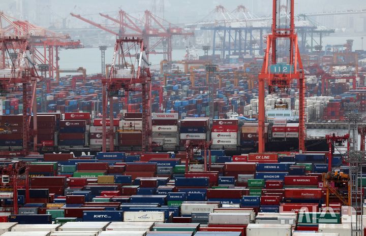 [부산=뉴시스] 하경민 기자 = 부산 남구 신선대(사진 아래) 및 감만 부두 야적장에 컨테이너가 쌓여 있다. 2024.11.01. yulnetphoto@newsis.com