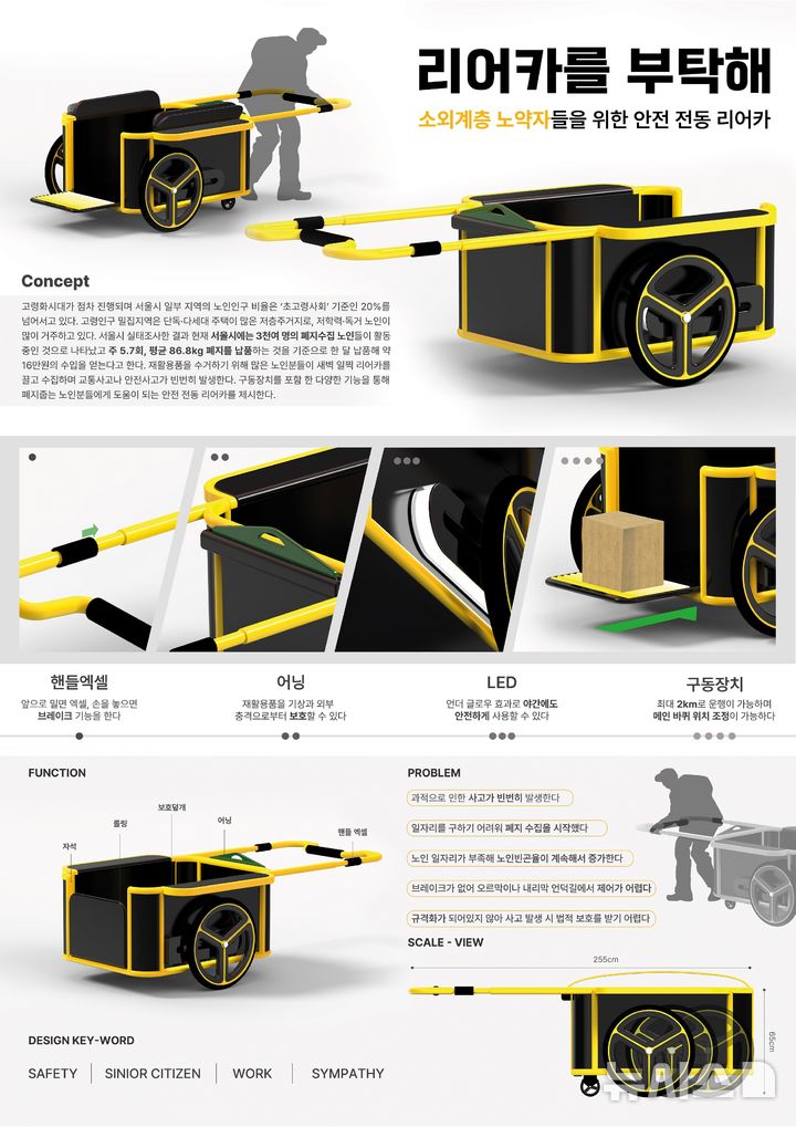 [창원=뉴시스] 경남도 주최 '2024 경남 K-디자인 어워드' 고등부 1위 작품. 박예린 학생의 소외계층 노약자들을 위한 안전 전동 리어카 '리어카를 부탁해'.(자료=경남도 제공) 2024.11.02. photo@newsis.com