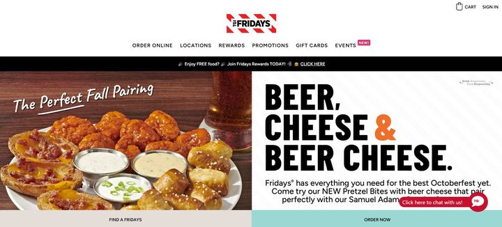 [뉴시스]패밀리 레스토랑 체인으로 잘 알려진 TGI프라이데이스(TGI Fridays)가 미국 법원에 파산 보호를 신청했다. 사진은 TGI프라이데이스 홈페이지. 2024.11.4 *재판매 및 DB 금지