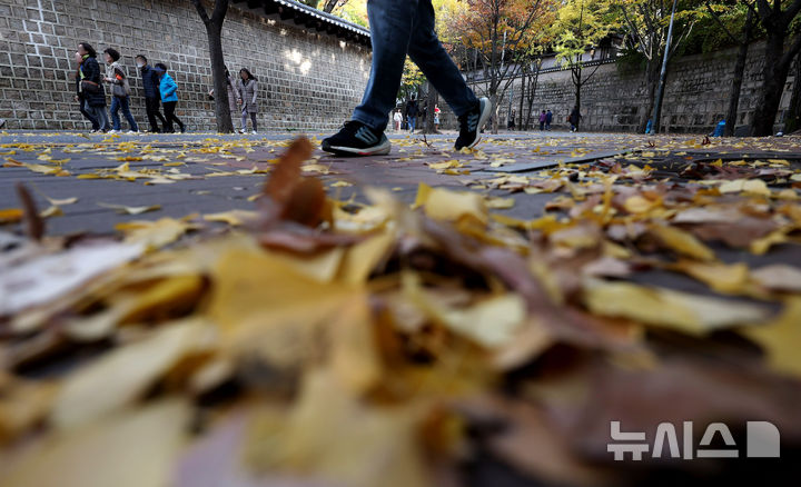 [서울=뉴시스] 추상철 기자 = 기온이 뚝 떨어지며 쌀쌀한 날씨를 보인 5일 오후 서울 중구 덕수궁 돌담길에서 시민들이 낙엽을 밟으며 가을 정취를 만끽하고 있다. 2024.11.05. scchoo@newsis.com