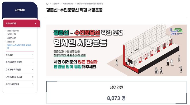 남양주시청 홈페이지 내 경춘선-수인분당선 직결 서명운동 페이지. (사진=남양주시 제공) *재판매 및 DB 금지 *재판매 및 DB 금지