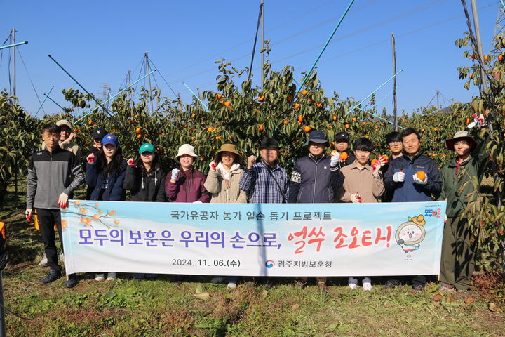 [광주=뉴시스] 광주지방보훈청은 6일 전남 장성군 진원면 내 한 국가유공자의 감농장을 찾아 '모두의 보훈은 우리의 손으로' 일손돕기 봉사활동을 진행했다. (사진 = 광주지방보훈청 제공) 2024.11.06. photo@newsis.com *재판매 및 DB 금지