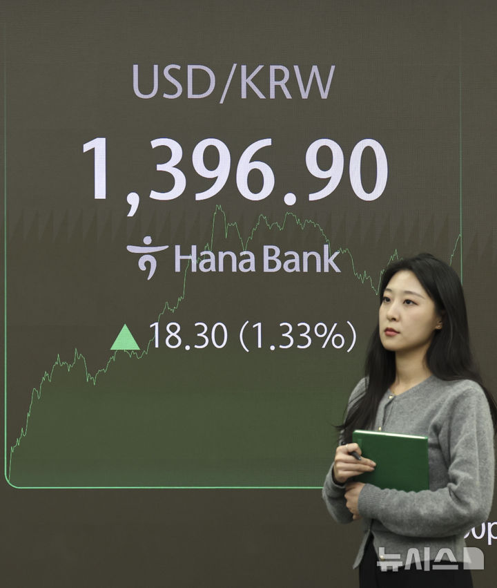 [서울=뉴시스] 김근수 기자 =  서울 외환시장에서 원·달러 환율은 전 거래일(1378.6원)보다 17.6원 오른 1396.2원에 보합 중인 6일 오후 서울 중구 하나은행 본점 딜링룸에서 직원이 업무를 보고 있다. 코스피가 전 거래일(2576.88)보다 13.37포인트(0.52%) 내린 2563.51에 마감했으며, 코스닥 지수는 전 거래일(751.81)보다 8.50포인트(1.13%) 하락한 743.31에 거래를 마쳤다. 2024.11.06. ks@newsis.com