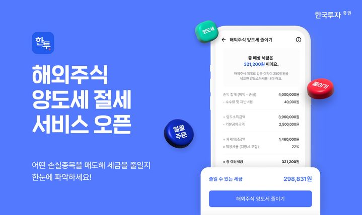 한국투자증권은 모바일트레이딩시스템(MTS) '한국투자' 앱을 통해 해외주식 양도소득세 절세 서비스를 제공한다고 7일 밝혔다. (사진=한국투자증권 제공) photo@newsis.com *재판매 및 DB 금지