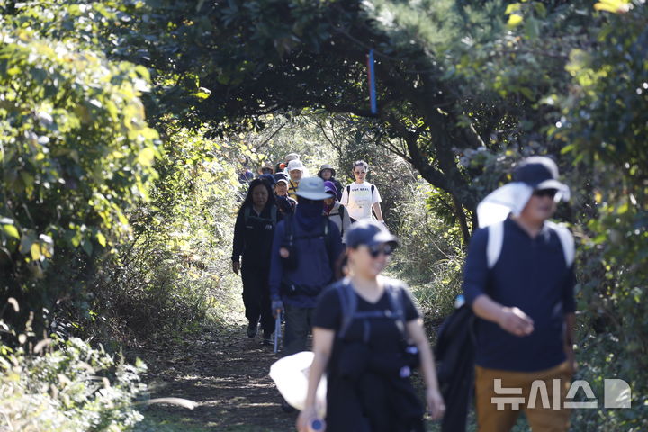 [제주=뉴시스] 우장호 기자 = 절기상 입동인 지난 7일 오전 제주시 한경면 저지녹색농촌체험장에서 출발한 올레꾼들이 '2024 제주올레걷기축제' 1일차 코스를 따라 걷고 있다. 2024.11.07. woo1223@newsis.com