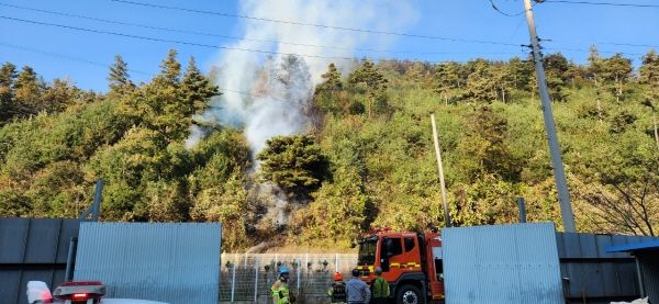 [예산=뉴시스] 7일 오후 3시20분께 충남 예산군 예산읍 주교리 일원에서 산불이 발생해 하얀색 연기가 피어 오르고 있다. (사진=산림청 제공) 2024.11.07. photo@newsis.com *재판매 및 DB 금지