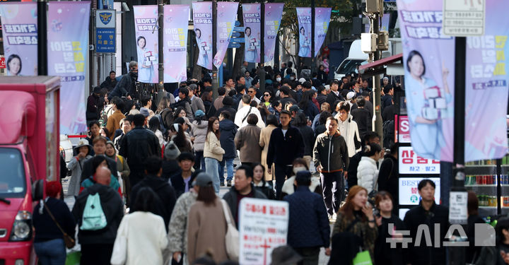 [서울=뉴시스] 추상철 기자 = 서울 중구 명동거리에 코세페 홍보 배너가 걸려 있다. 2024.11.08. scchoo@newsis.com