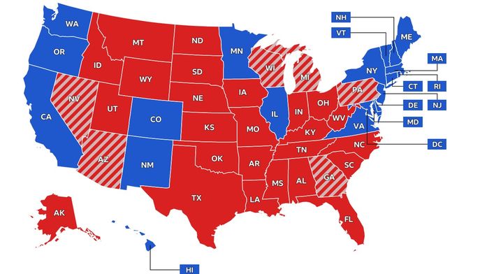 [서울=뉴시스] 미 대선 주별 최종 결과. 붉은색은 도널드 트럼프, 푸른색은 카멀라 해리스, 빗금친 곳은 경합주. (출처: NYT) 2024.11.10.    *재판매 및 DB 금지