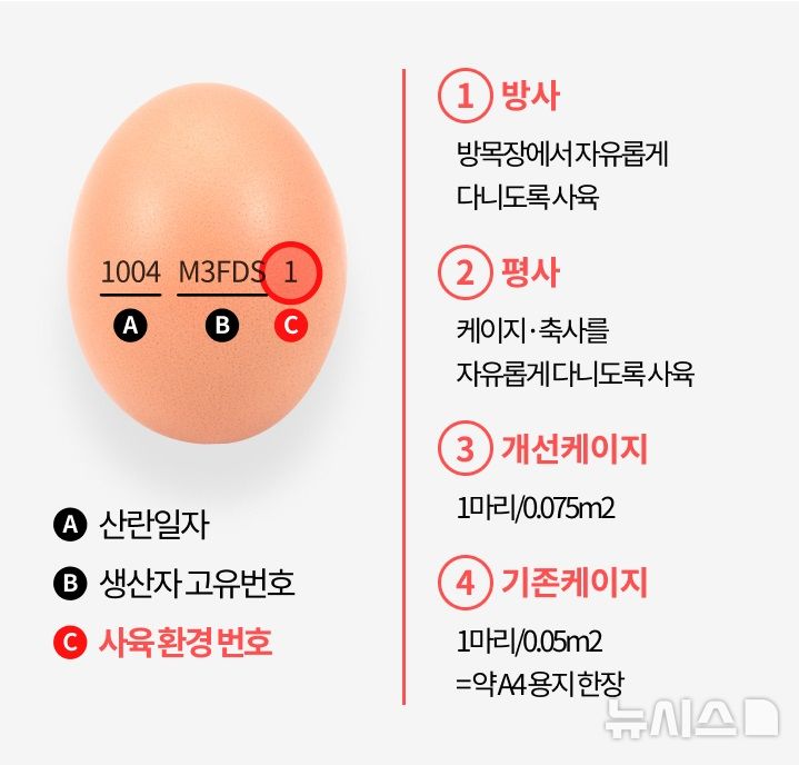 [세종=뉴시스]난각번호제는 살충제 계란 파동 이후에 2020년 계란 이력제를 도입하면서 안정성을 강화하기 위해 시작됐다. 난각번호 1번 방사사육, 2번은 축사내 방사, 3번 개선된 케이지, 4번 기존 케이지 등에서 사육되는 환경을 뜻한다.(사진=농림축산식품부 제공)