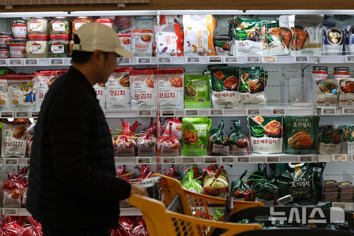 [서울=뉴시스] 김명년 기자 = 김장 물가가 크게 오르면서 김치를 담그는 대신 구입하려는 수요가 늘고 있다. 11일 오후 서울시내 한 대형마트에 김치가 진열돼 있다. 2024.11.11. kmn@newsis.com