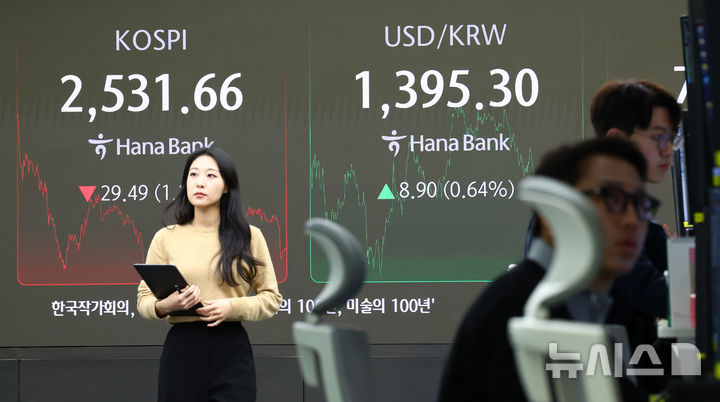 [서울=뉴시스] 전신 기자 = 코스피는 전 거래일(2561.15)보다 29.49포인트(1.15%) 내린 2531.66에 코스닥 지수는 전 거래일(743.38)보다 14.54포인트(1.96%) 하락한 728.84에 장을 마감한 11일 서울 중구 하나은행 본점 딜링룸 전광판에 코스피, 코스닥 지수 등이 표시돼 있다. 2024.11.11. photo1006@newsis.com