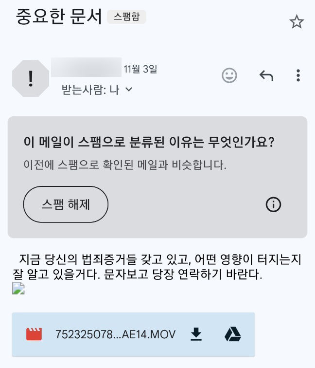 [광주=뉴시스] 지난 3일 광주 광산구 의원을 상대로 전송된 허위 합성 음란물(딥페이크)협박 메일. (사진=독자제공) 2024.11.12. photo@newsis.com *재판매 및 DB 금지