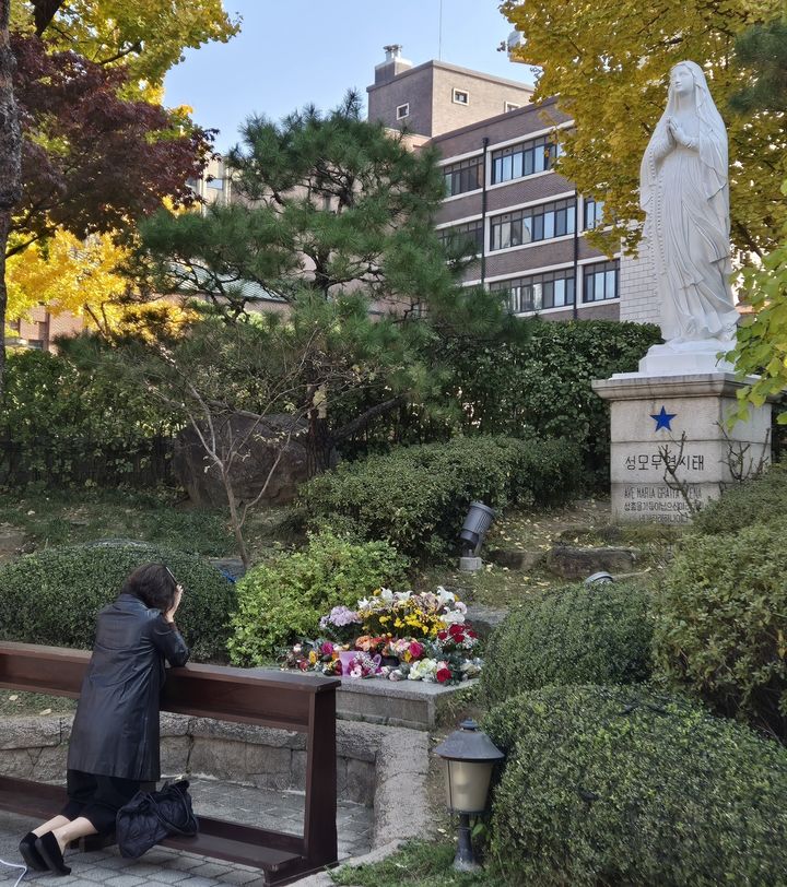 [서울=뉴시스] 김태완 인턴기자 = 12일 오전 서울 중구 명동성당에서 한 중년 여성이 성모상 앞에 무릎을 꿇고 기도하고 있다. 2024.11.12. photo@newsis.com *재판매 및 DB 금지