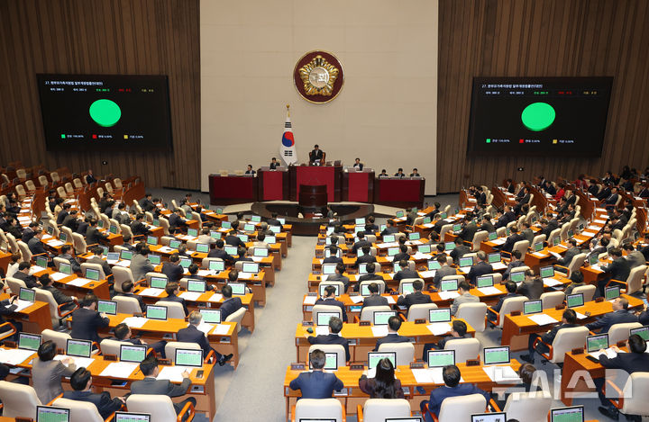 [서울=뉴시스] 고승민 기자 = 14일 서울 여의도 국회에서 열린 제418회 국회(정기회) 제12차 본회의에서 한부모가족지원법 일부개정법률안이 재석 293인, 찬성 293인으로 가결되고 있다. 2024.11.14. kkssmm99@newsis.com