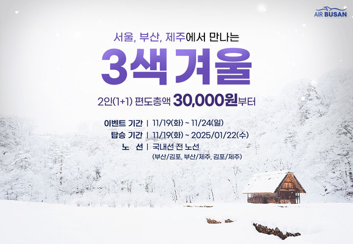 [부산=뉴시스] 에어부산 겨울맞이 국내선 1+1 항공권 할인 프로모션 홍보 포스터. (사진=에어부산 제공) 2024.11.18. photo@newsis.com *재판매 및 DB 금지