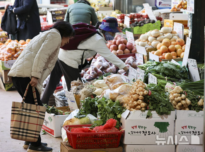 [서울=뉴시스] 김근수 기자 = 18일 서울 서대문구 영천시장 한 채소가게에서 한 시민이 김장재료를 구매하고 있다. 2024.11.18. ks@newsis.com