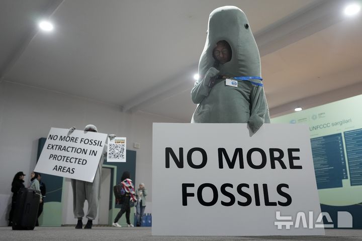 [바쿠=AP/뉴시스] 지난 2024년 11월 19일(현지시각) 아제르바이잔 바쿠에서 제29차 유엔기후변화협약 당사국 총회(COP29)가 열리는 동안 멸종 위기의 '듀공' 복장을 한 활동가가 "화석연료 이제 그만”이라고 적힌 팻말을 들고 있다. 국제자연보전연맹(IUCN) 적색 목록에 따르면 듀공은 '취약'(Vulnerable) 등급으로 분류돼 있다. 2024.11.19.