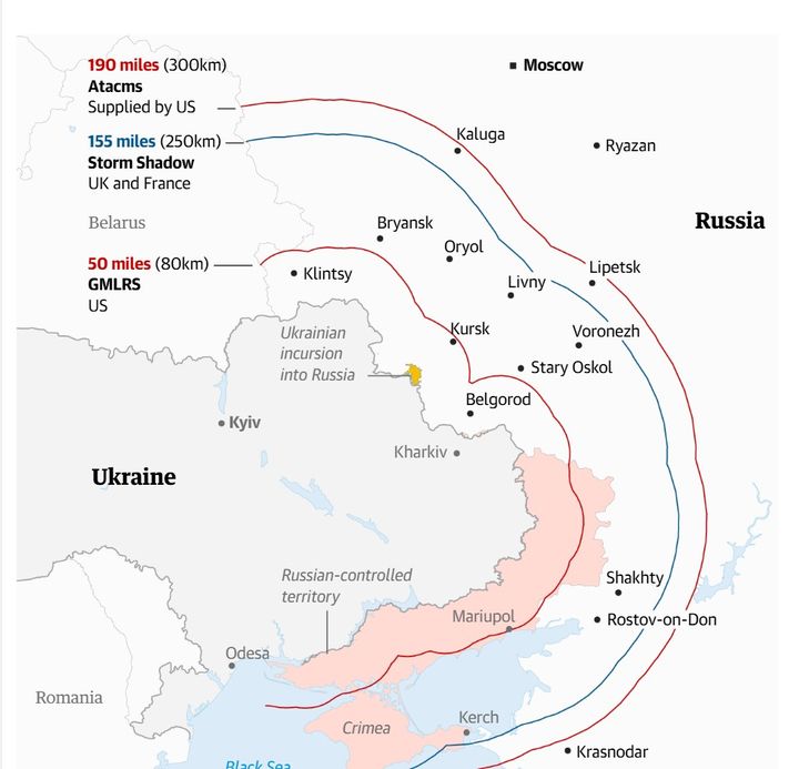 에이태큼스와 스톰섀도우 미사일의 사거리 범위.(출처: 가디언) 2024.11.19.  *재판매 및 DB 금지