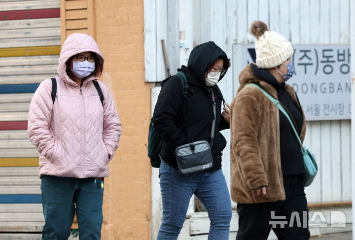 [서울=뉴시스] 김명년 기자 = 추위가 이어진 19일 오전 서울 종로구 세종대로사거리 인근에서 시민들이 몸을 움츠린 채 발걸음을 옮기고 있다. 2024.11.19. kmn@newsis.com