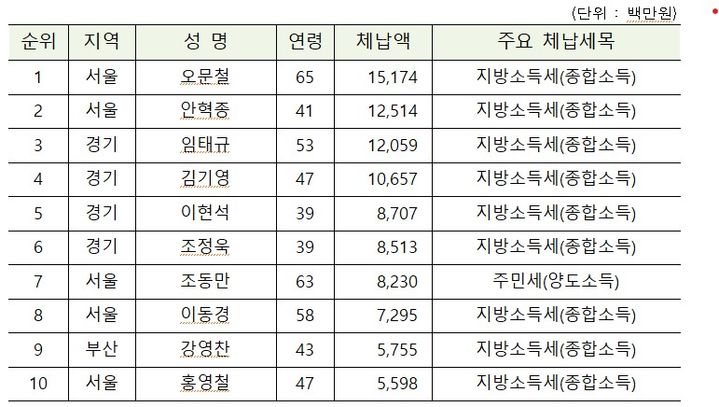 [세종=뉴시스] 지방세 체납액 상위 10명 명단. (자료=행정안전부).  *재판매 및 DB 금지