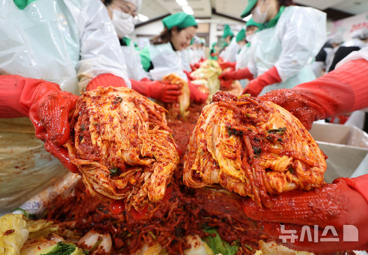 [인천=뉴시스] 전진환 기자 = 20일 오전 인천 미추홀구 새마을회관에서 열린 2024 사랑의 김장 나누기 행사에서 회원들이 김장을 하고 있다. 이 날 담근 김장 김치 2000포기 500박스는 관내 홀몸 어르신, 한부모가정 등 저소득층에게 전달된다.&nbsp; 2024.11.20. amin2@newsis.com