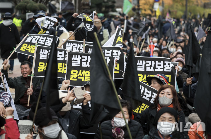 [서울=뉴시스] 정병혁 기자 = 20일 서울 서대문구 농협중앙회 앞에서 열린 쌀값보장 농민결의대회에 참가한 농민들이 구호를 외치고 있다. 2024.11.20. jhope@newsis.com