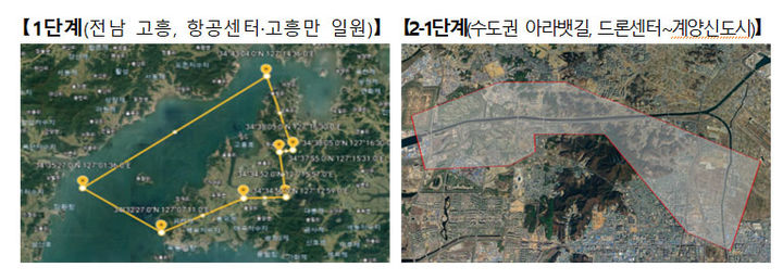 [서울=뉴시스]  국토교통부는 국가교통위원회를 통해 미국과 유럽 등에서 제작하는 기체를 모두 아우를 수 있도록 ‘도심형항공기 기준’을 정하고, 규제특례가 적용되는 ‘도심항공교통 실증사업구역’을 지정했다고 21일 밝혔다. 사진은 실증사업구역이 이뤄지는 전남 고흥 지역과 수도권 지역. 2024.11.21. (사진=국토교통부 제공) photo@newsis.com *재판매 및 DB 금지