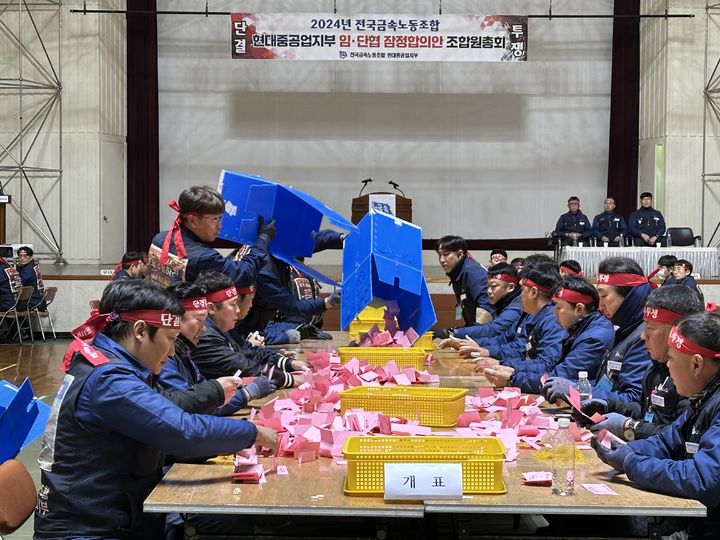 [울산=뉴시스] 21일 HD현대중공업 노동조합이 임단협 2차 잠정합의안 수용 여부를 묻는 조합원 찬반투표를 실시한 가운데 이날 오후 울산 본사 사내체육관에서 개표작업이 진행되고 있다. (사진=HD현대중공업 노동조합 제공) 2024.11.21. photo@newsis.com  *재판매 및 DB 금지