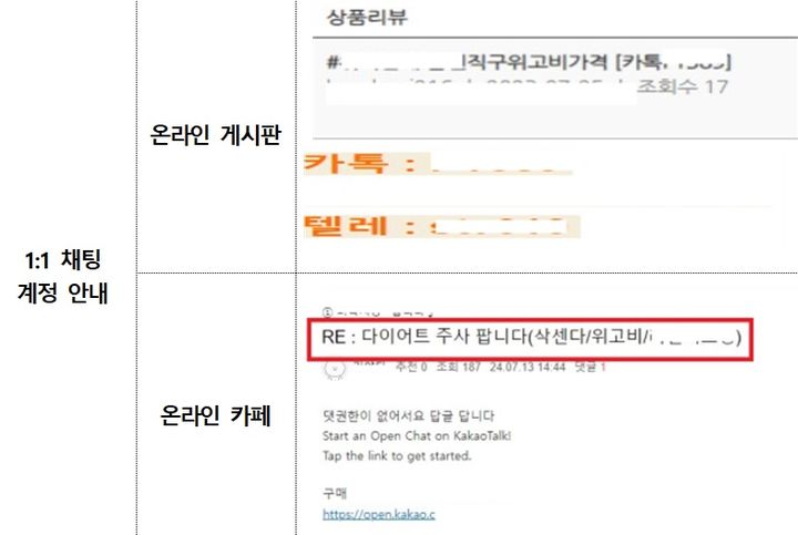 [서울=뉴시스] 비만치료제 온라인 불법판매 알선·광고 주요 적발 사례 (사진=식약처 제공) 2024.11.21. photo@newsis.com *재판매 및 DB 금지