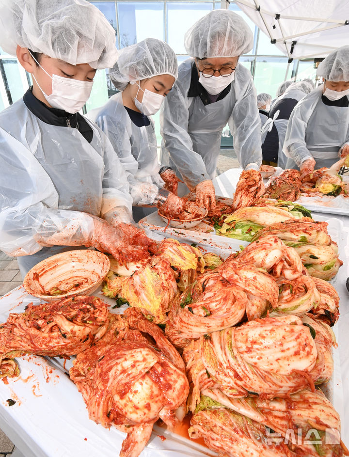 [수원=뉴시스] 김종택기자 = 김치의 날인 22일 경기도 수원시 권선구 국립농업박물관에서 열린 '사랑의 김장 나눔 행사'에서 수원 구운초등학교 학생들이 소외계층에 전달하기 위해 김치를 담그고 있다. 2024.11.22. jtk@newsis.com