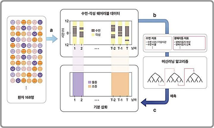 [대전=뉴시스] 수면-각성 데이터만을 이용한 기분 삽화 예측 모델 개발 모식도.(사진=IBS 제공)  *재판매 및 DB 금지