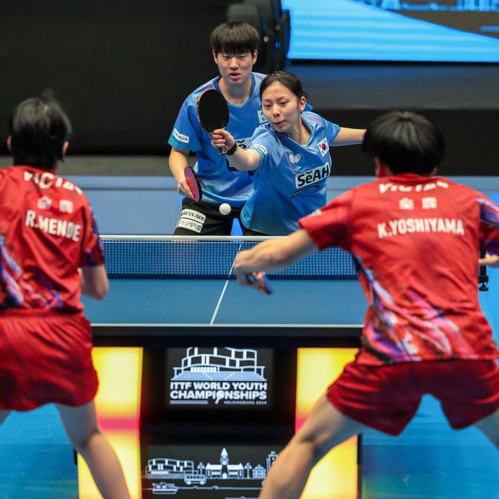 [서울=뉴시스] 2024 국제탁구연맹(ITTF) 세계청소년선수권대회 혼합복식 결승에 진출한 박가현(오른쪽)-오준성 조. (사진=ITTF SNS 캡처) *재판매 및 DB 금지